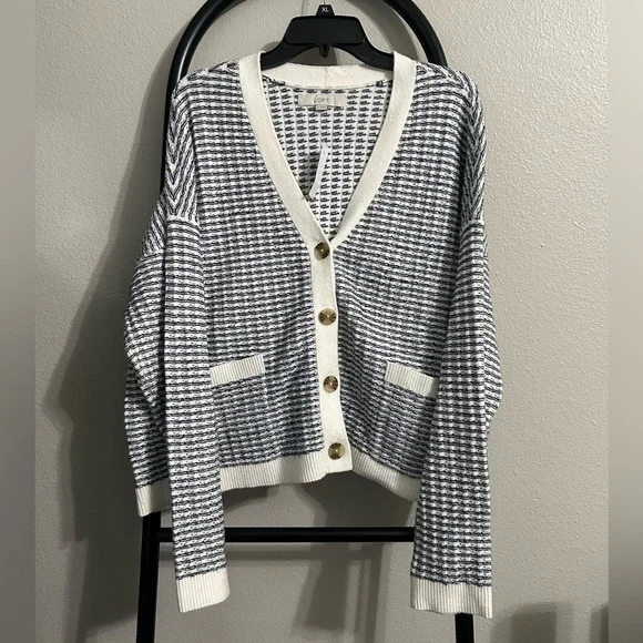 Loft Women's Striped Modern V-Neck Pocket Cardigan Nautical - Picture 6 of 7